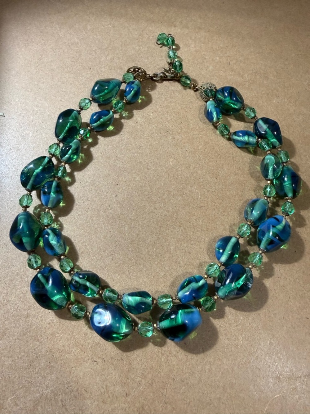Vintage Miriam Haskell Blue Green Art Glass Double Strand Necklace Signed